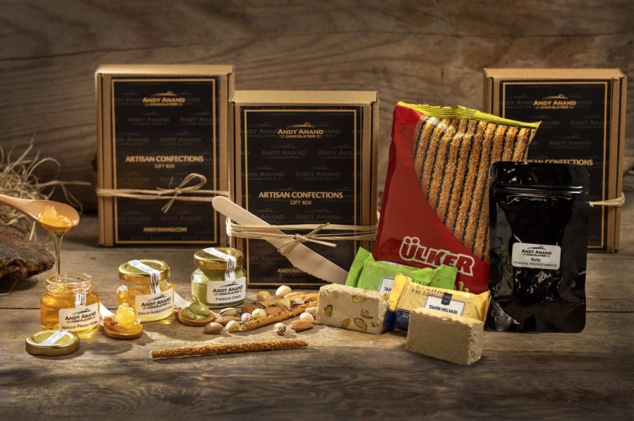 Elevate Your Gift-Giving Game with the Andy Anand Gift Box Featuring Honey, Pistachios Spread, Halva, Nuts & Crackers - Andyanand