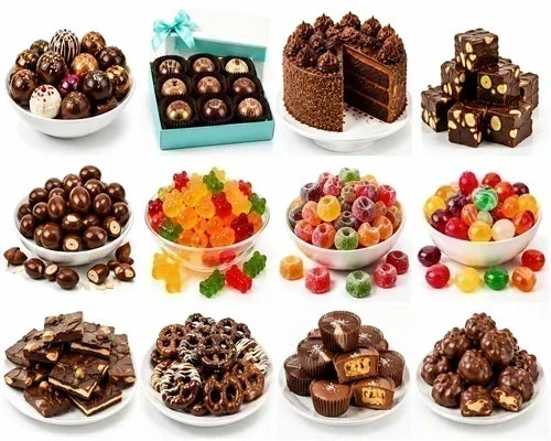 Sugar-free chocolate truffles, cake, candy, chocolates, gummy bears and assorted desserts