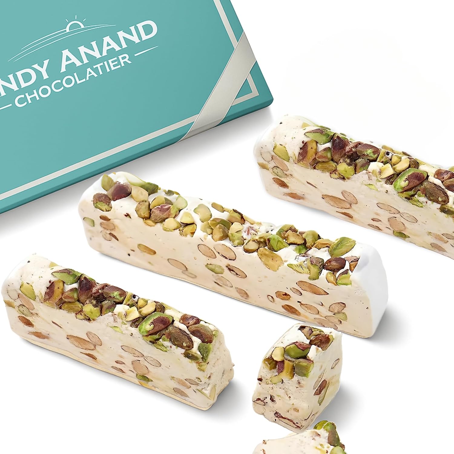 Andy Anand gluten-free roasted pistachios nougat brittle, 7 oz, creamy European candy with honey & nuts, beautifully boxed.