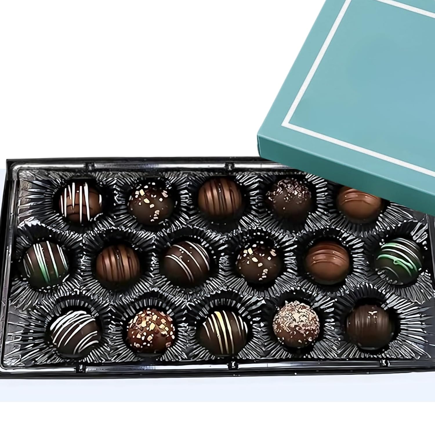 DaAndy Anand gluten-free Belgian dark chocolate truffles, 16 pcs gift box, champagne, rum, amaretto, Black Forest flavors.