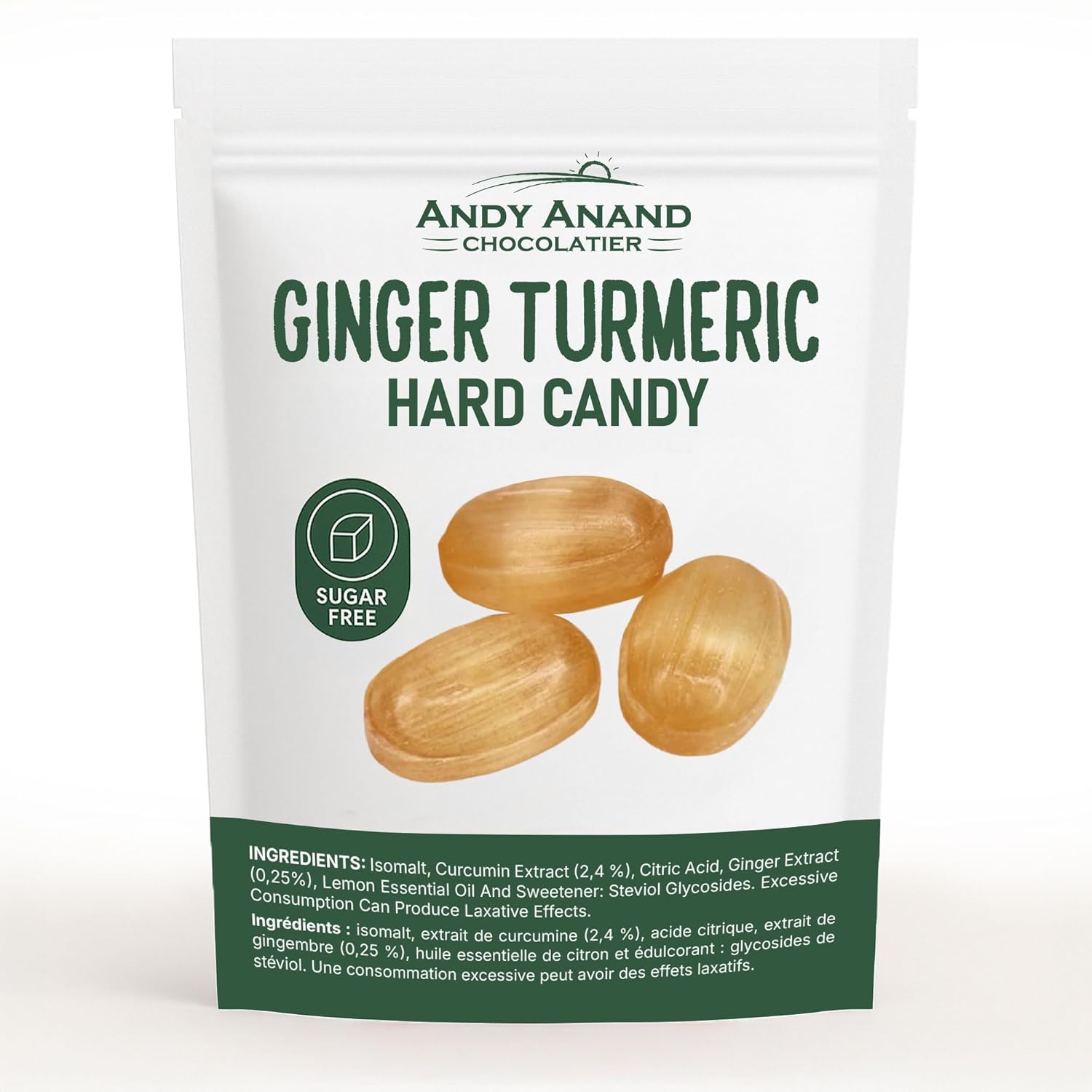 Sugar-free ginger turmeric hard candies by Andy Anand, 50 pcs, gluten-free, keto & vegan, European gourmet snack, 7 oz.