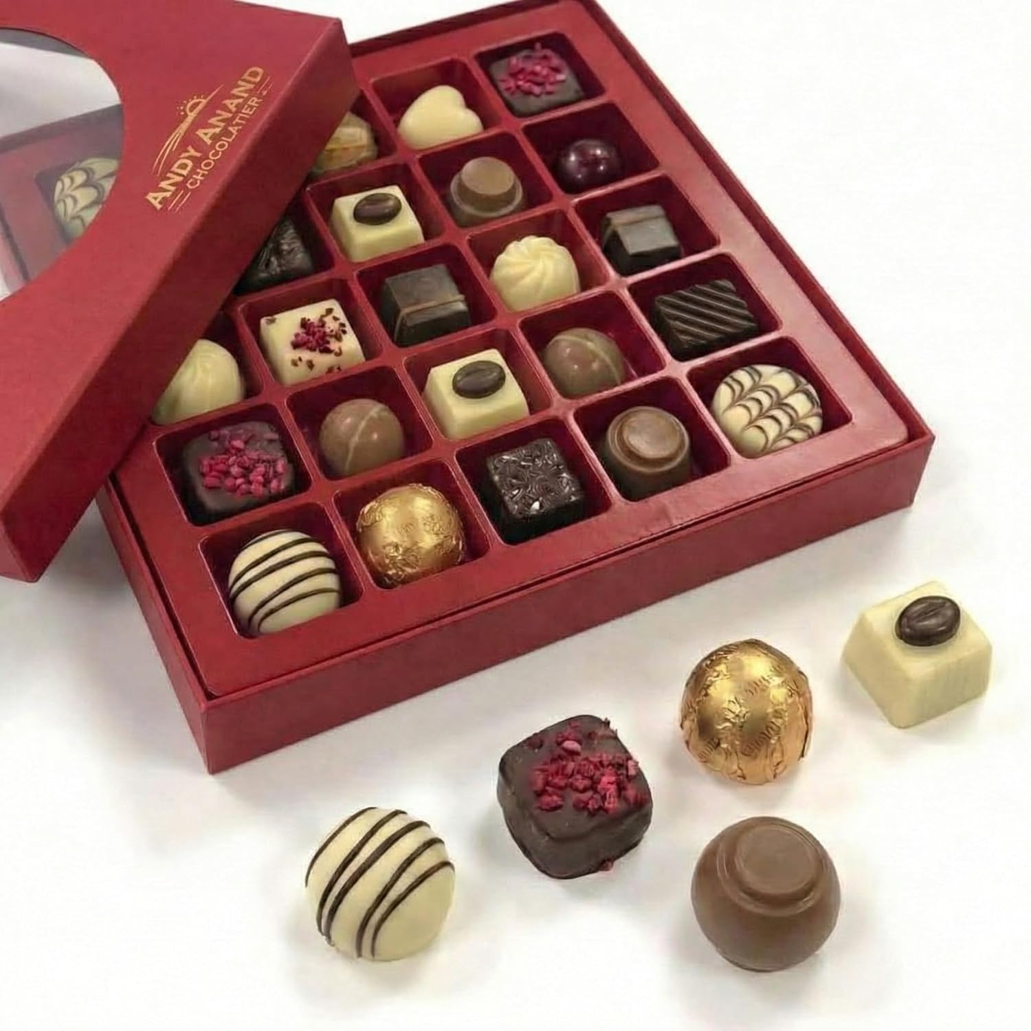 Andy Anand Chocolates Food & Beverages > Desserts & Sweets > Chocolate Andy Anand Premium Bon Bon Chocolate Collection, 25 pc – Truffles, Pralines, Pistachio Cream, Mint & Tiramisu, Birthday & Holiday Gift Box Chocolate Truffles Bonbon Praline Box | Nationwide