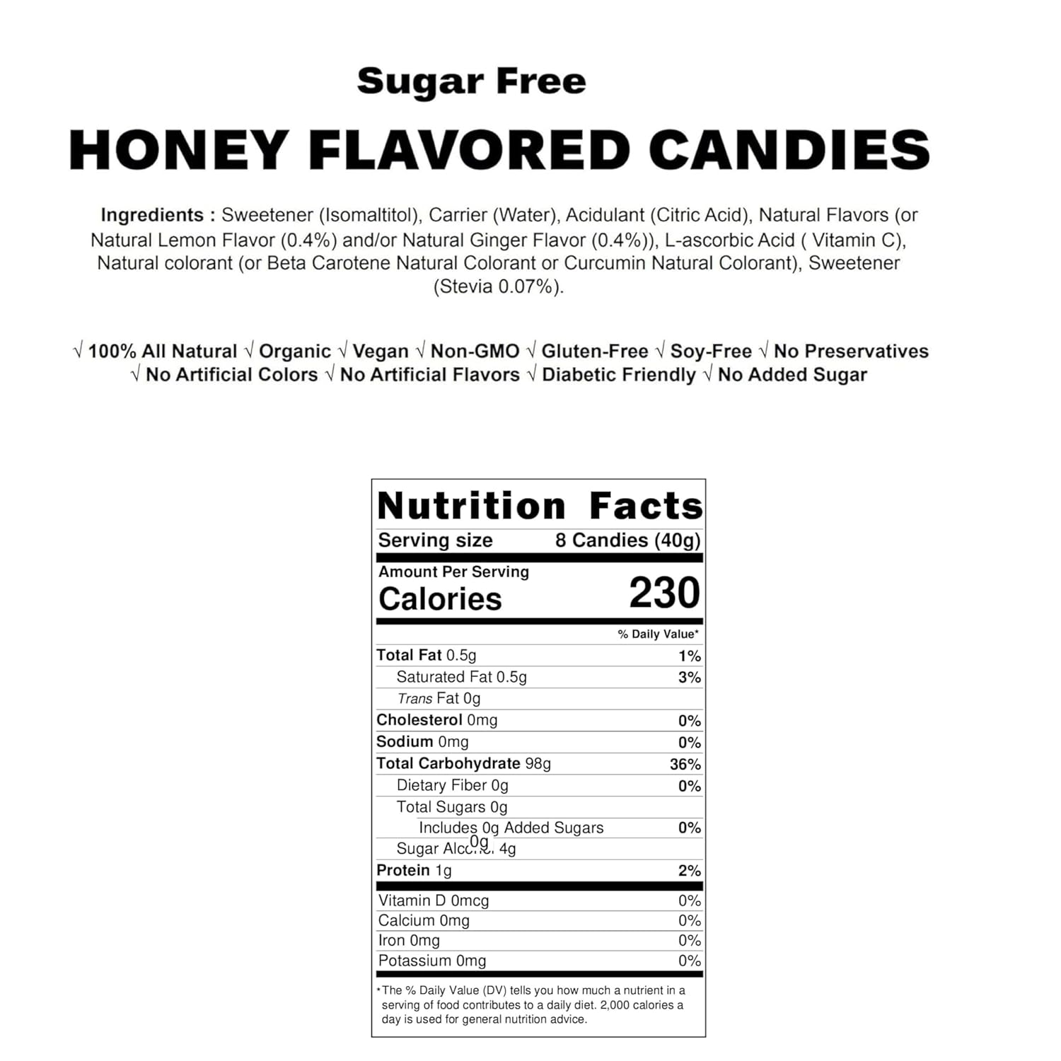 Andy Anand sugar-free honey candies, 80 pcs, honey lemon ginger with propolis & eucalyptus, nutrition label, gluten-free.