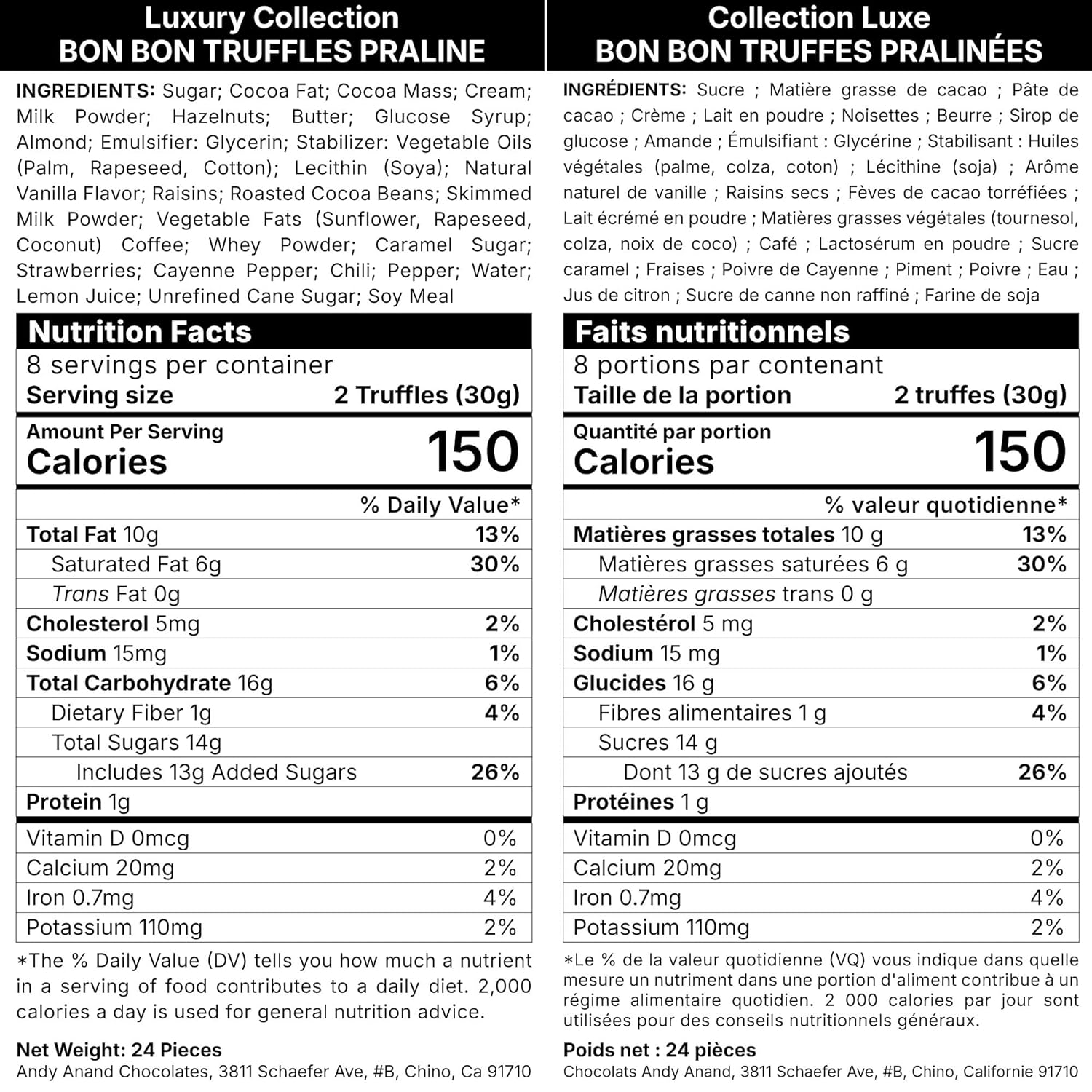Chocolate Truffles Bon Bon Praline Box, Gourmet Chocolate Gift, 60% Chocolate (Cocoa Butter) with Nutrition Facts French Text