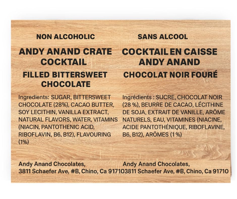 Vegan European cocktail Dark chocolate by Andy Anand, 18 pcs, 60% cocoa, assorted flavors, dark chocolate bottles, 11.5 oz.