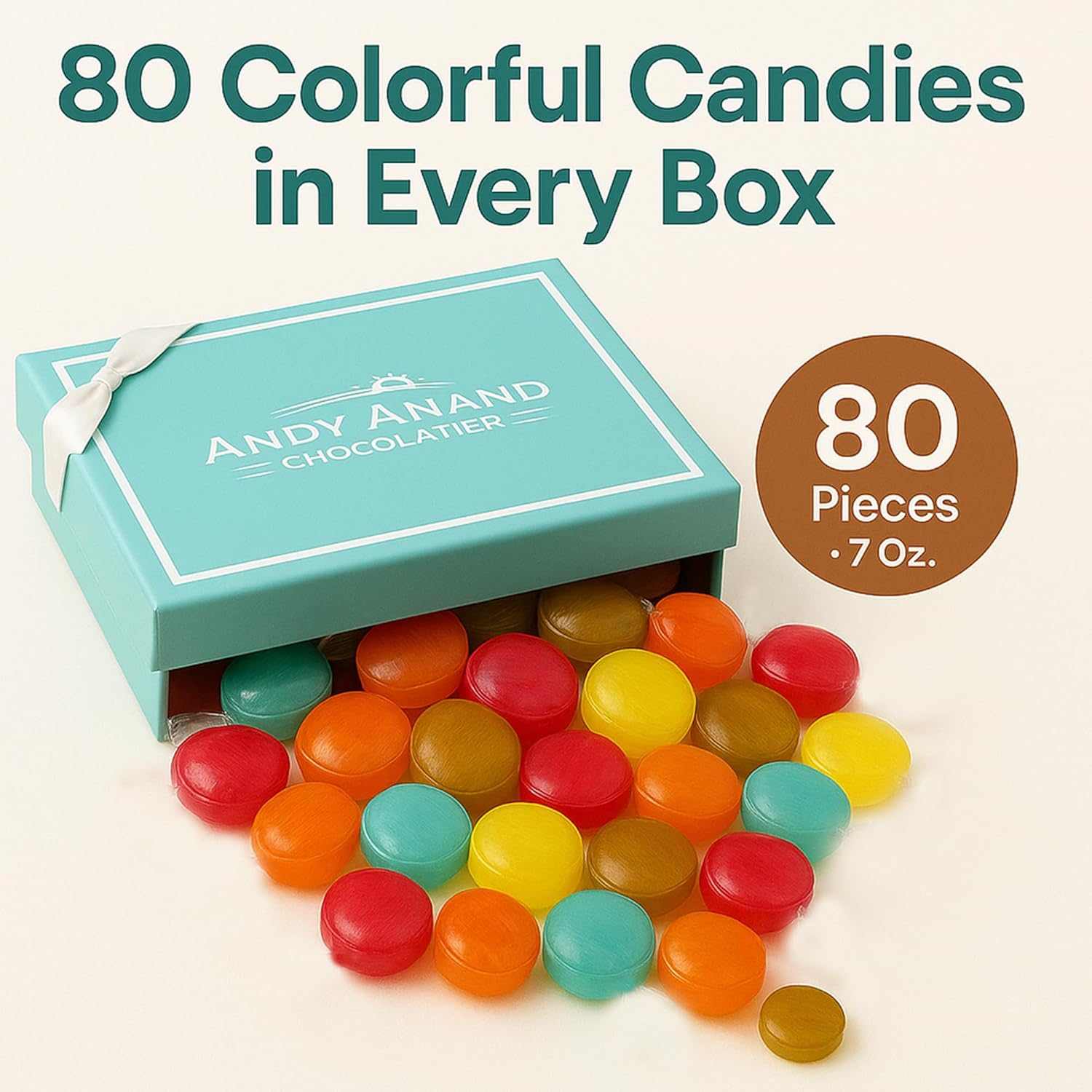 Andy Anand sugar-free fruit candies, 80 pcs, mixed fruit hard candy, gluten-free, stevia sweetened, low calorie, 7 oz.