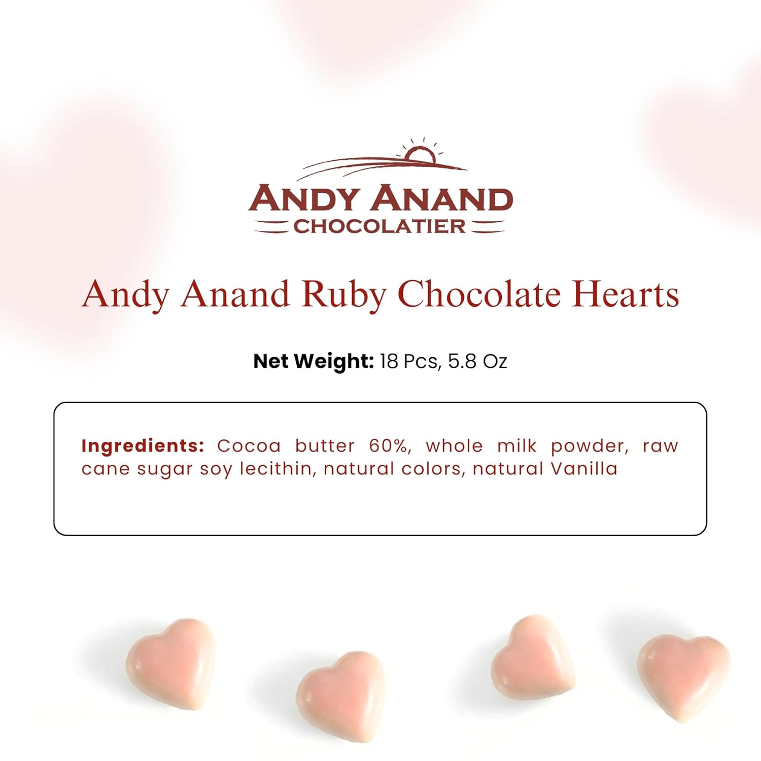 Andyanand Food & Beverages > Desserts & Sweets > Chocolate Andy Anand Ruby Chocolate Heart Truffles, 18 pc – Natural Berry-Pink Color, Fruity Flavor, Gluten-Free, Valentine's & Anniversary Gift Ruby Chocolate Heart Truffles | Nut-Free, Ships Nationwide