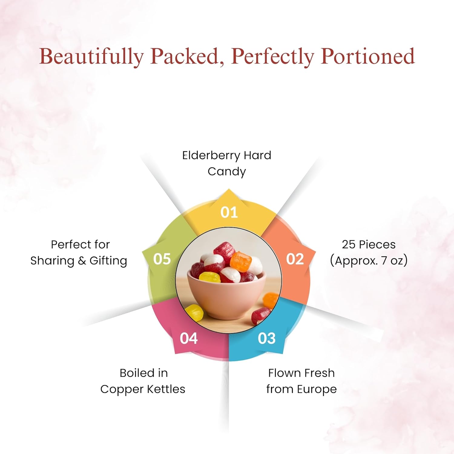 Sugar-free elderberry hard candies by Andy Anand, 25 pcs, European origin, copper kettle boiled, ideal for gifting & sharing.