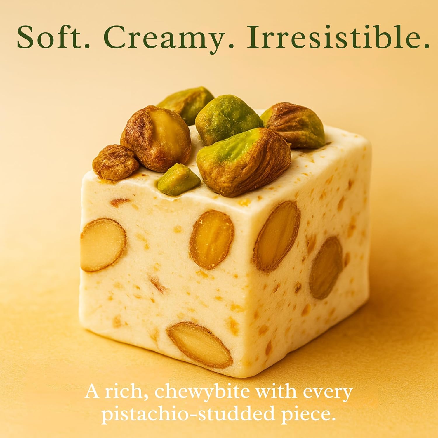 Andy Anand 7 oz gluten-free roasted pistachios nougat brittle, soft, creamy, irresistible European candy with honey & nuts.