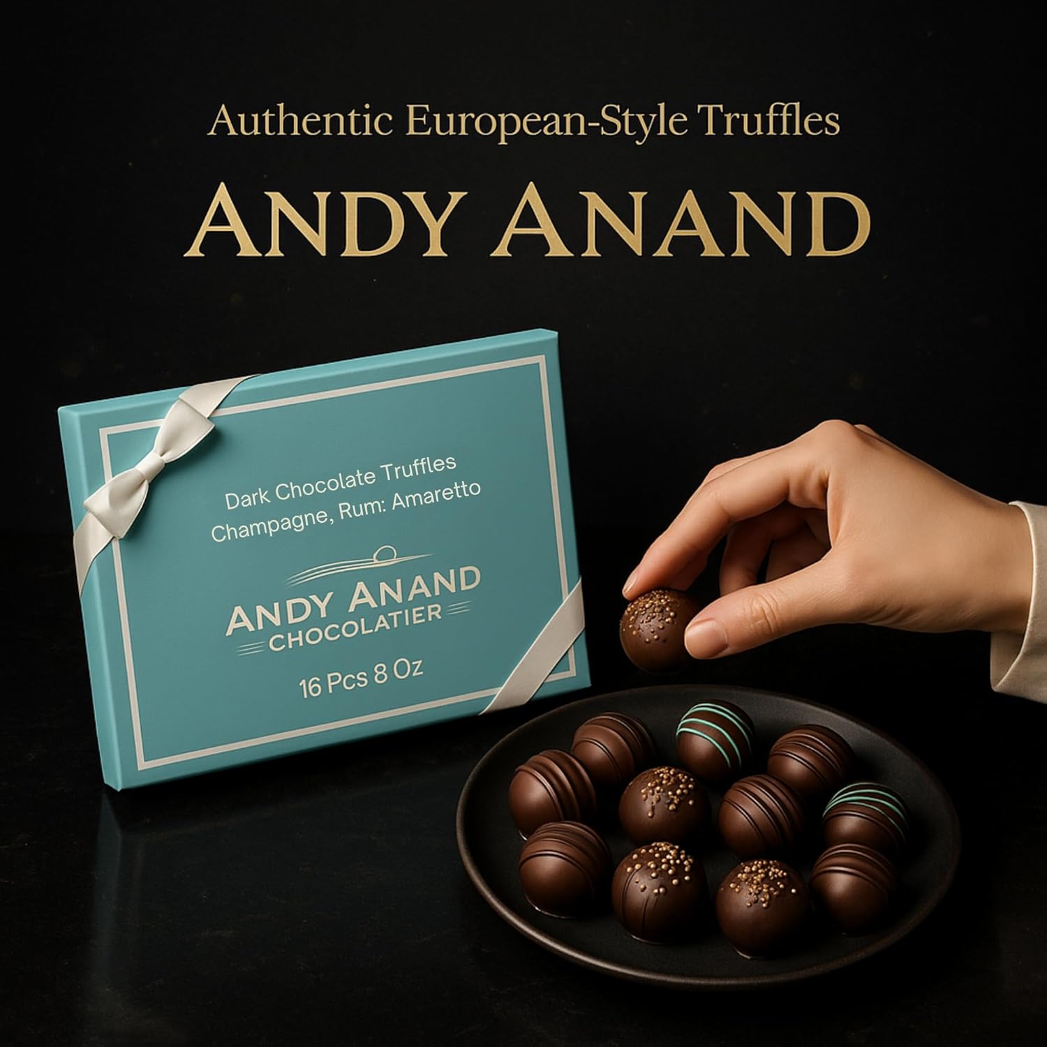 Andy Anand gluten-free Belgian dark chocolate truffles, 16 pcs gift box, champagne, rum, amaretto, Black Forest.