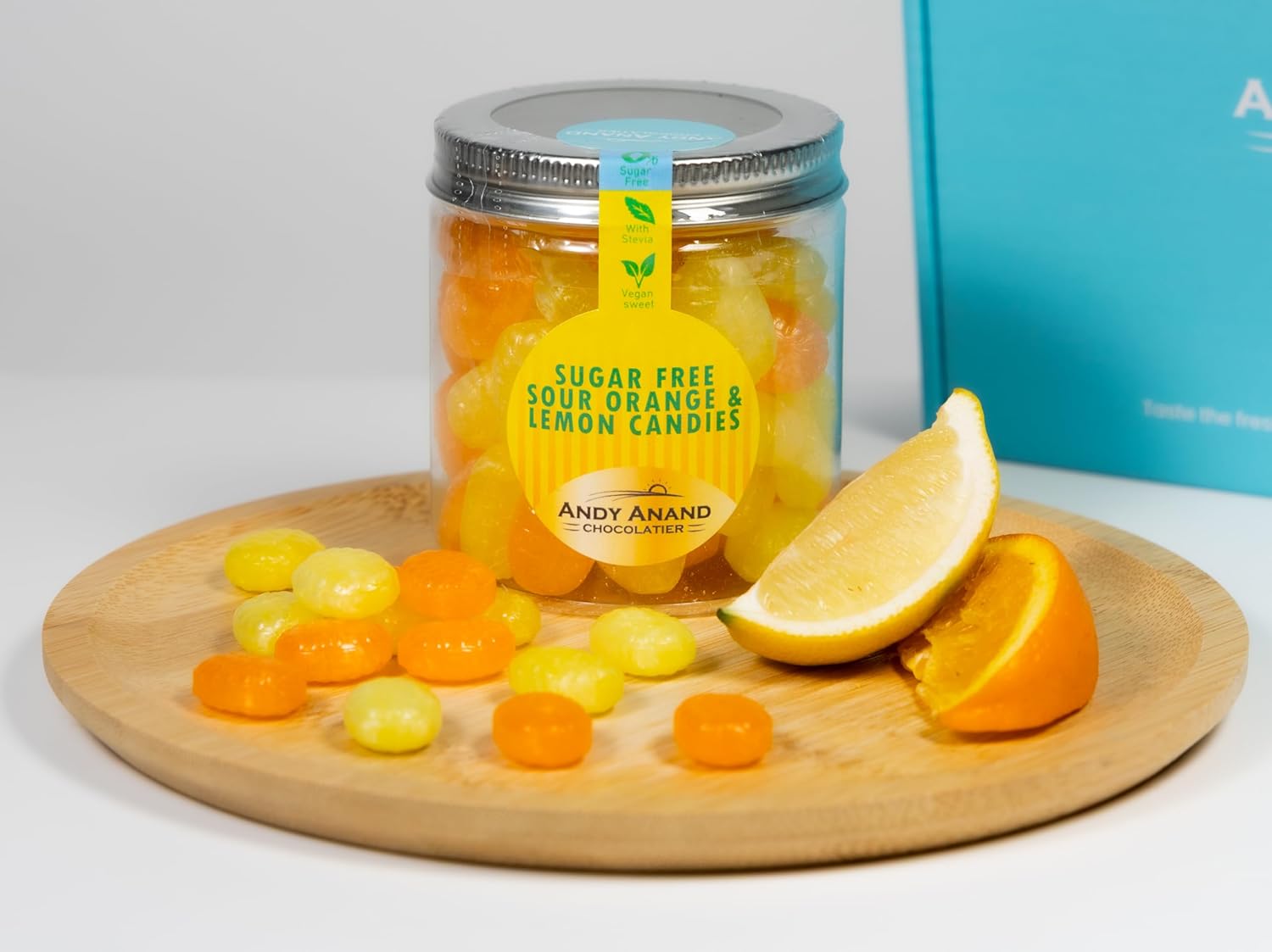 Sugar & aspartame-free sour orange hard candy by Andy Anand, 28 pcs, naturally flavored, European, keto, in a jar.
