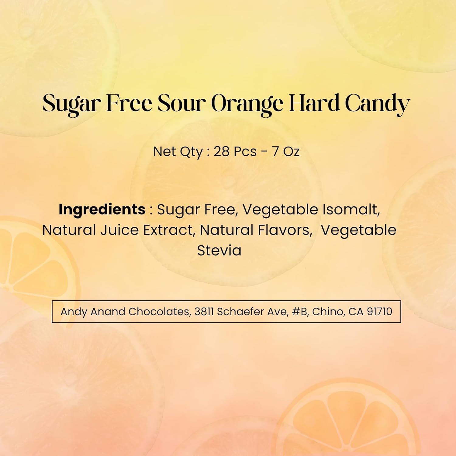 sugar free sour orange hard candy, 28 pcs, European, boiled in copper kettles, made with isomalt, juice extract & stevia.