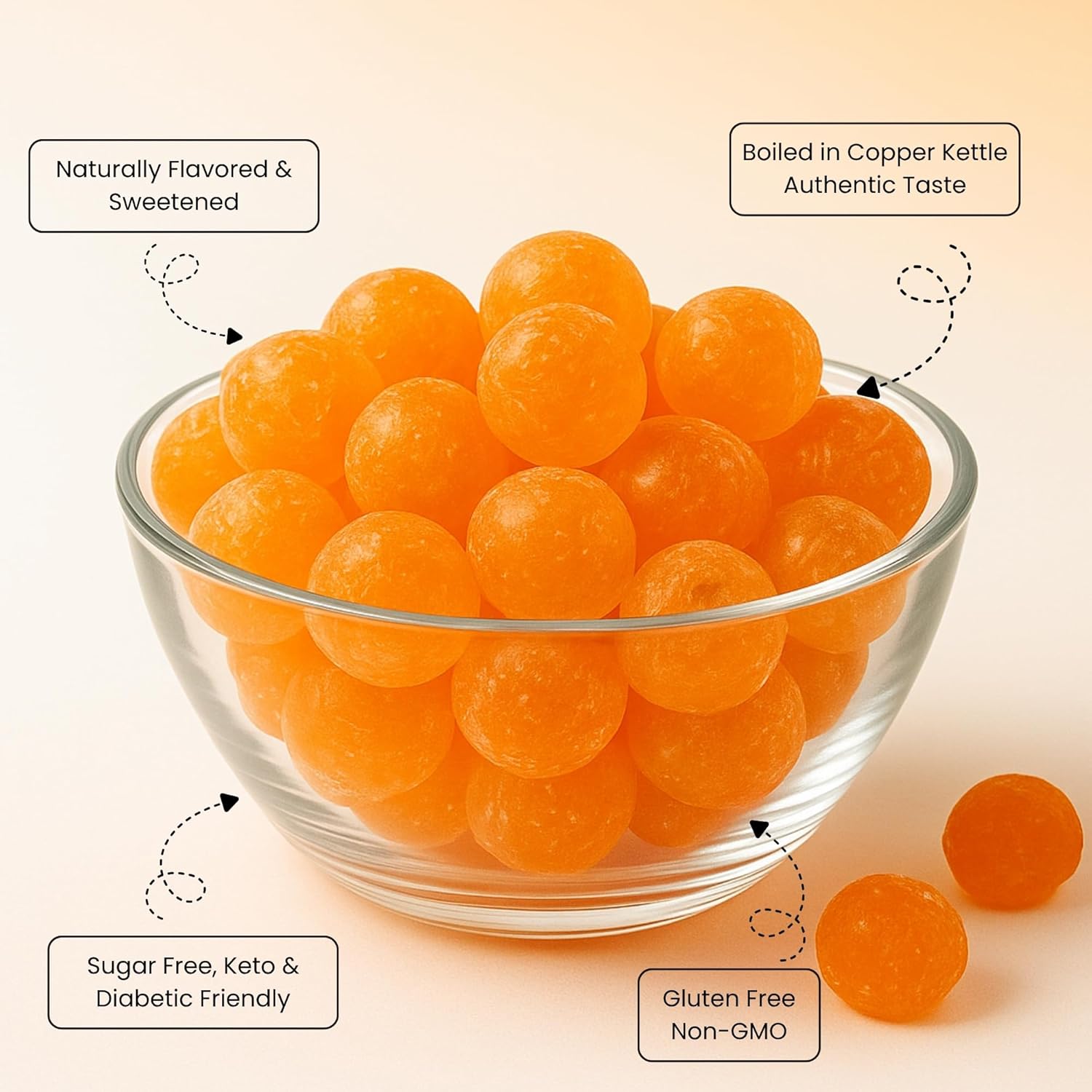 European sugar-free sour orange hard candy 28 pcs, boiled in copper kettles, gluten-free, keto, diabetic friendly, in a bowl
