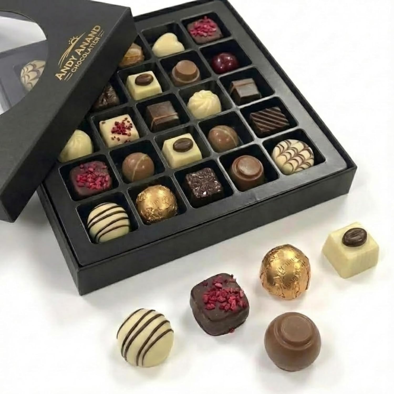 Andy Anand Chocolates Food & Beverages > Desserts & Sweets > Chocolate Andy Anand Premium Bon Bon Chocolate Collection, 25 pc – Truffles, Pralines, Pistachio Cream, Mint & Tiramisu, Birthday & Holiday Gift Box Chocolate Truffles Bonbon Praline Box | Nationwide