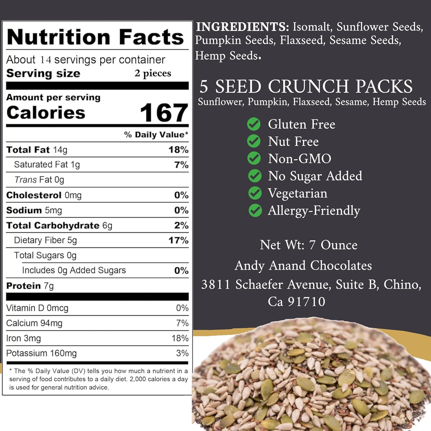 Andy Anand Chocolates Food & Beverages > Snack Foods > Seeds Andy Anand Sugar-Free 5-Seed Crunch Snack Packs, 14 ct, 7 oz – Sunflower, Pumpkin, Flax, Sesame & Hemp Seeds, Gluten-Free Keto Gift Box Sugar-Free 5-Seed Crunch 14 ct | Nut-Free, Nationwide