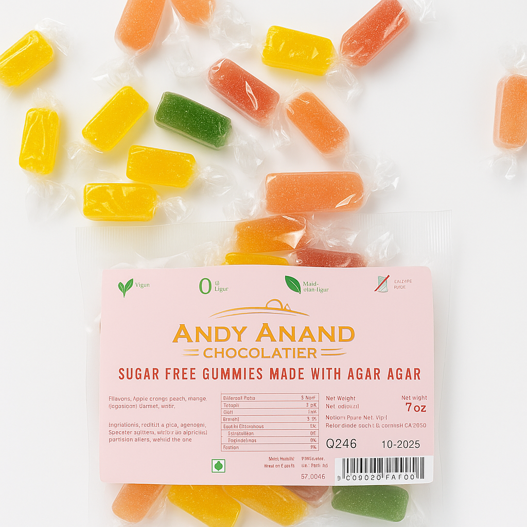 Colorful sugar-free gummies by Andy Anand, 30 pcs, sweetened with stevia, beautifully packed in a poly bag.
