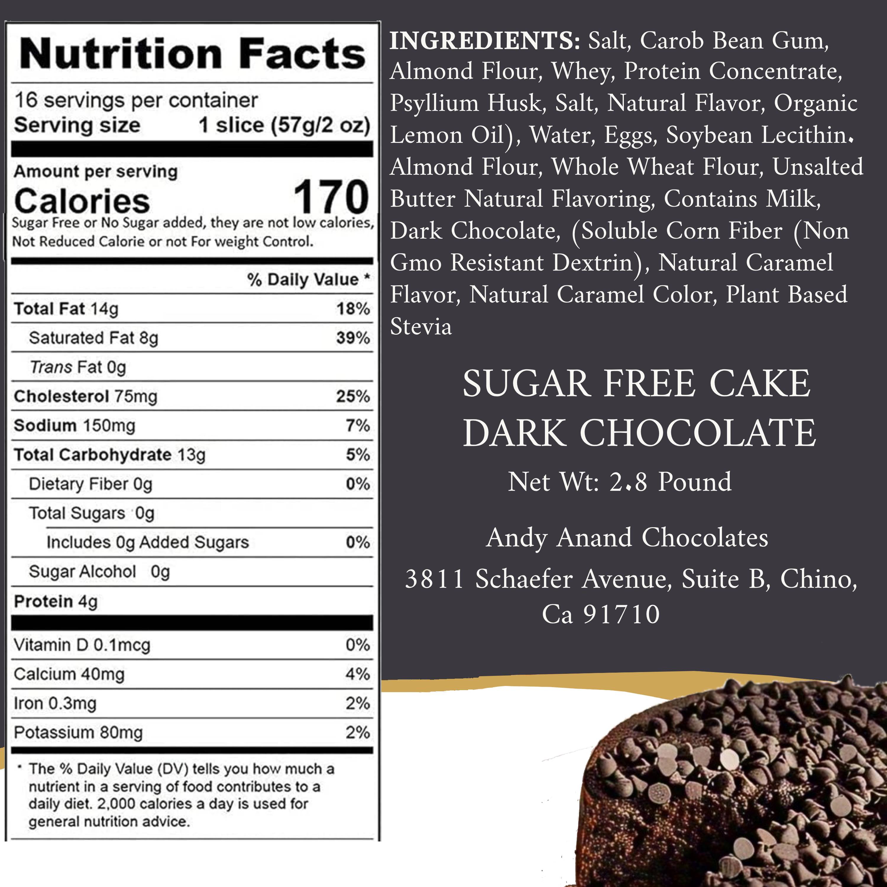 Andy Anand Chocolates Food & Beverages > Desserts & Sweets > Cakes > Sugar-Free Cakes Andy Anand Sugar-Free Dark Chocolate Chip Cake, 9-Inch, 2.8 lb – Diabetic-Friendly, No Preservatives, Gourmet Perfectly Boxed Birthday Gift Sugar-Free Dark Chocolate Chip Cake | Keto & Diabetic-Friendly