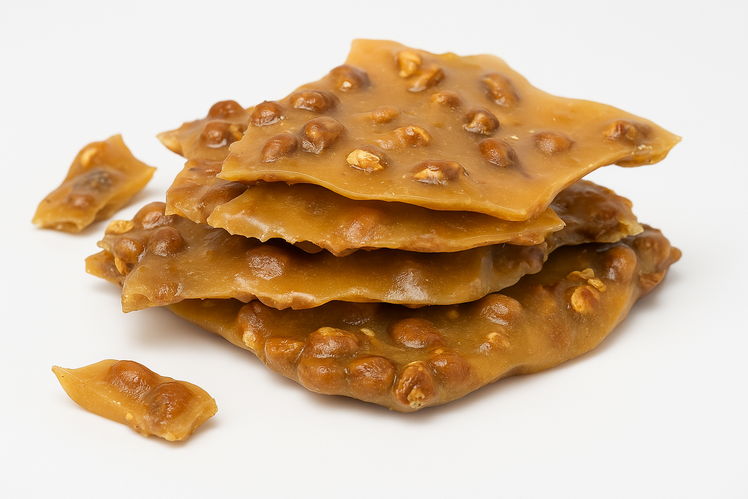 Stack of sugar free peanut brittle with visible peanuts on white background