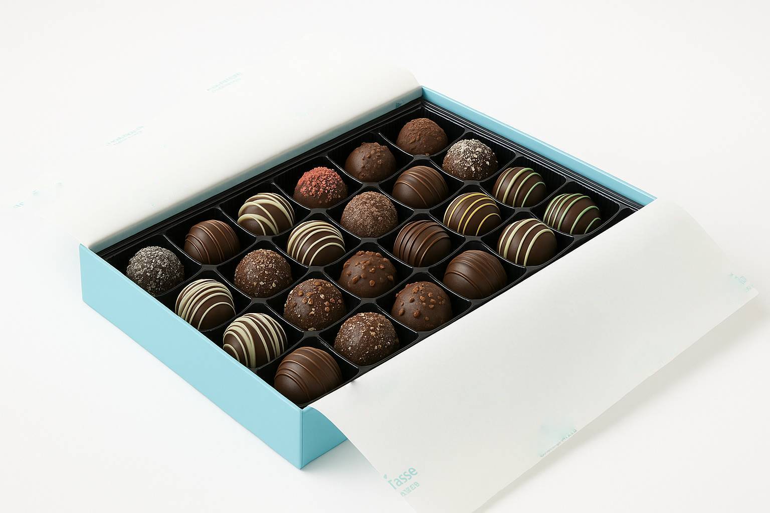 Handmade vegan and regular dark chocolate truffles by Andy Anand, assorted flavors, beautifully packed gift box.