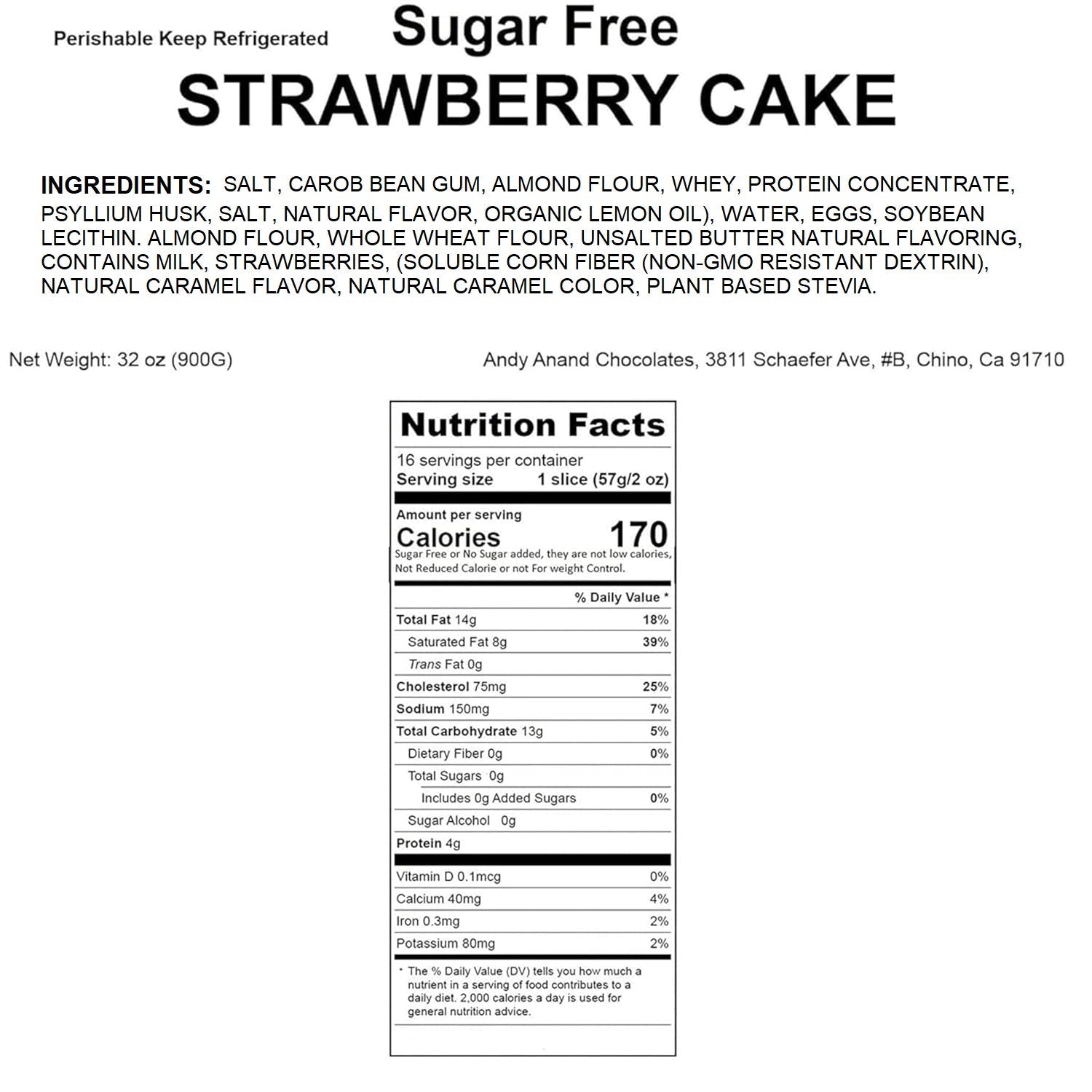 Andy Anand Chocolates Food & Beverages > Desserts & Sweets > Cakes > Sugar-Free Cakes Andy Anand Sugar-Free Strawberry Cake, 9-Inch, 2 lb – Gourmet, Freshly Baked, All-Natural, No Preservatives, Diabetic-Friendly Birthday Gift Sugar-Free Strawberry Cake 2 lb | Keto, Nationwide