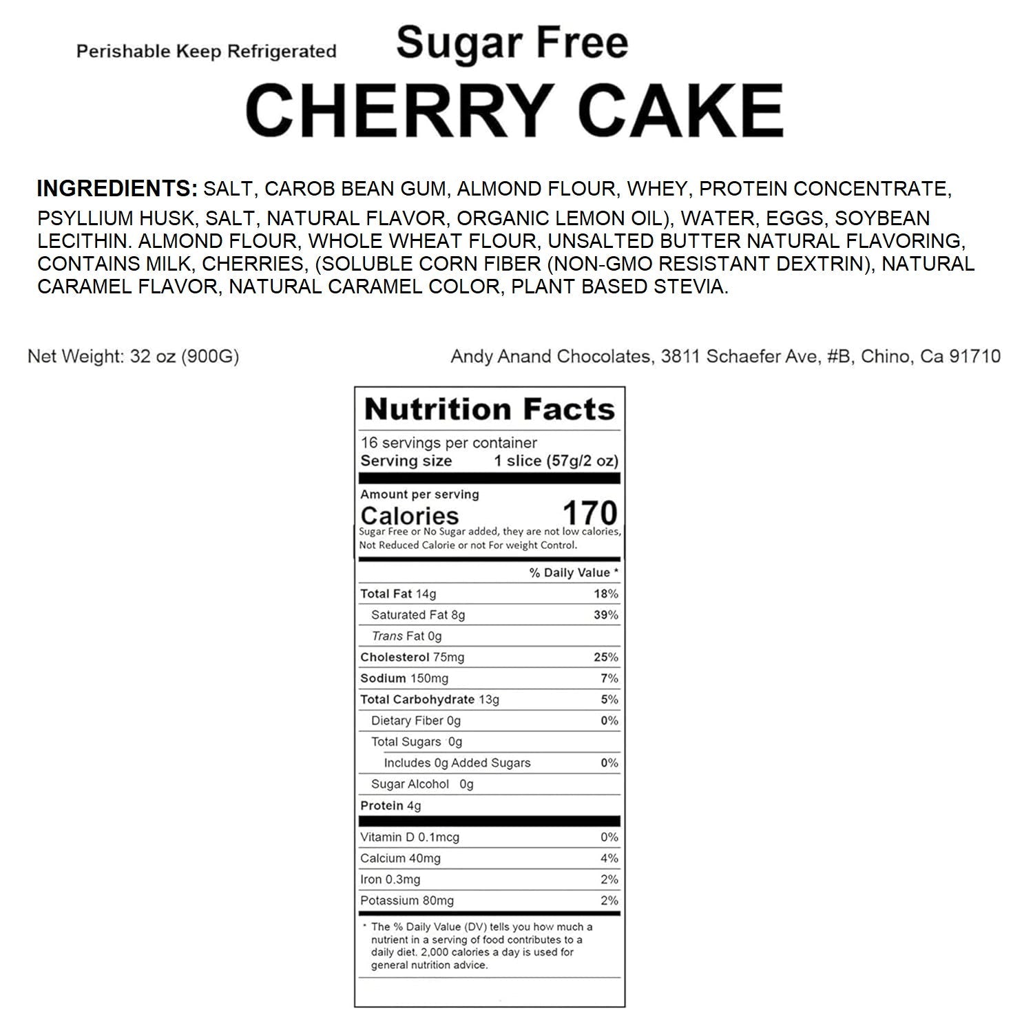 Andy Anand Chocolates Food & Beverages > Desserts & Sweets > Cakes > Sugar-Free Cakes Andy Anand Sugar-Free Cherry Cake, 9-Inch, 2.9 lb – Gourmet, Freshly Baked, All-Natural, No Preservatives, Diabetic-Friendly Birthday Gift Sugar-Free Cherry Cake (9-inch) | Keto & Diabetic-Friendly