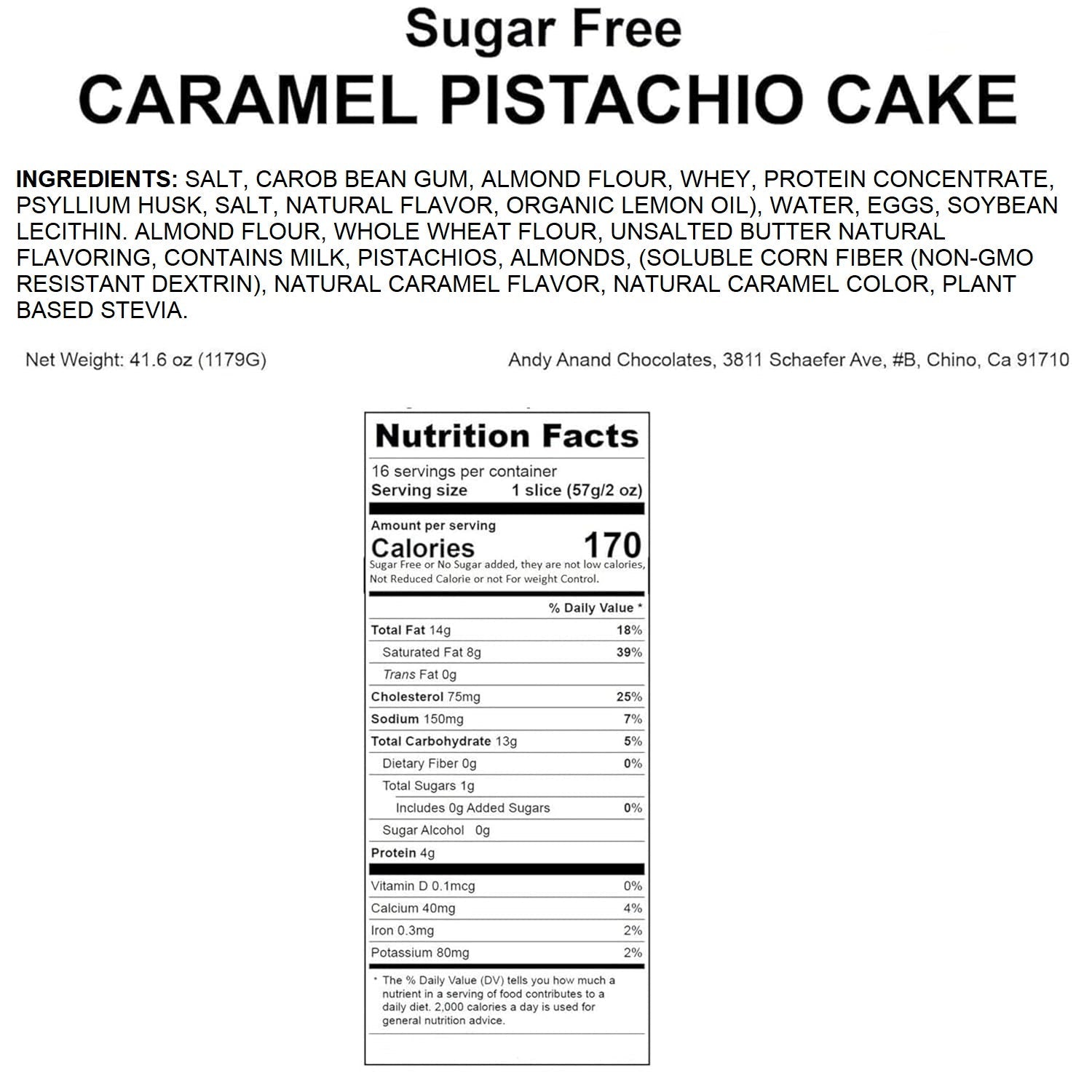 Andy Anand Chocolates Food & Beverages > Desserts & Sweets > Cakes > Sugar-Free Cakes Andy Anand Sugar-Free Pistachio Caramel Cake, 9-Inch, 2.6 lb – Handcrafted, No Artificial Sweeteners, Rich & Moist Birthday Gift Box Sugar-Free Caramel Pistachio Cake | Keto & Diabetic-Friendly