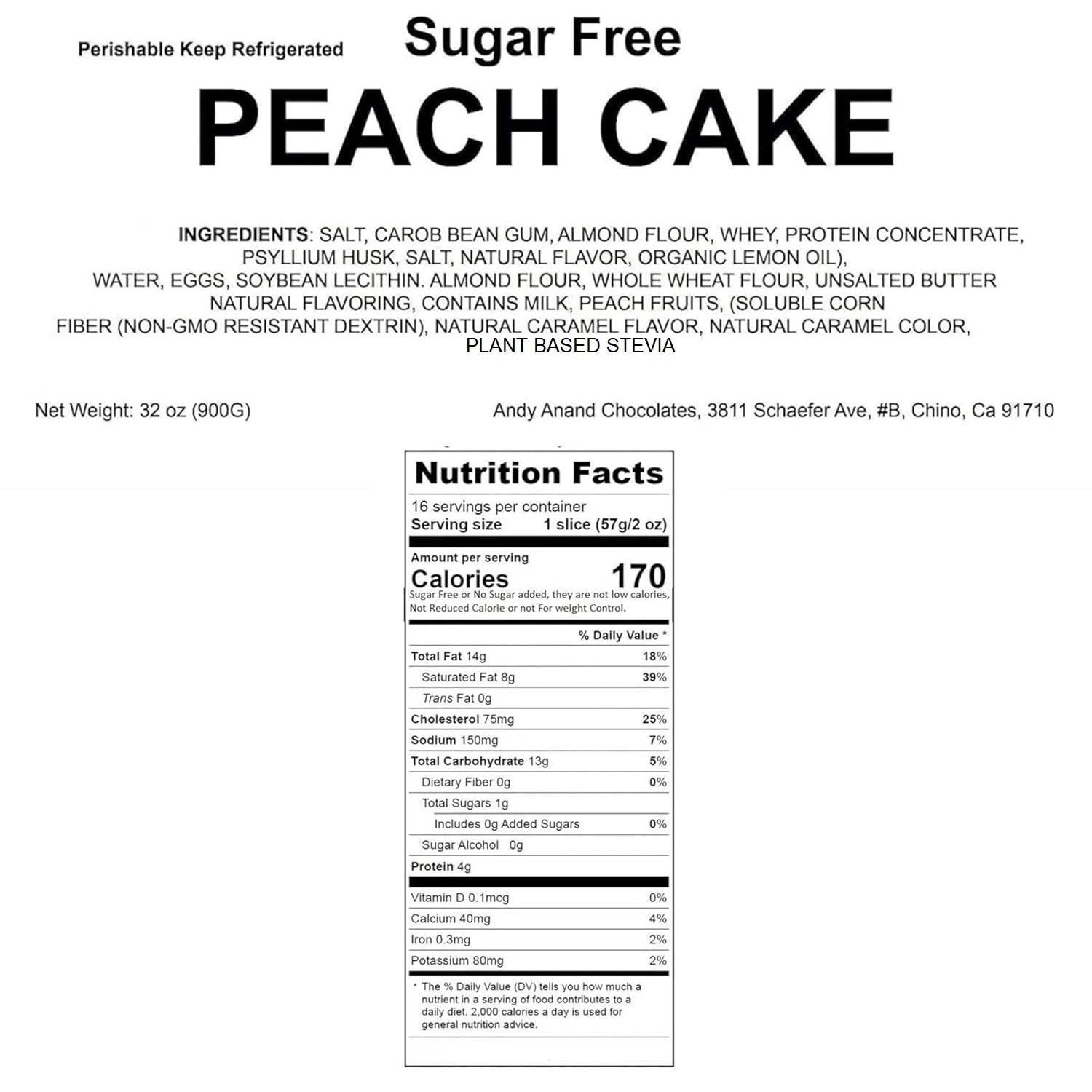 Andy Anand Chocolates Food & Beverages > Desserts & Sweets > Cakes > Sugar-Free Cakes Andy Anand Sugar-Free Peach Cake, 9-Inch, 2 lb – Juicy & Moist, Real Peach Fruit, Diabetic-Friendly, Fluffy Homemade-Style Birthday Gift Box Sugar-Free Peach Cake 2 lb | Keto, Nationwide