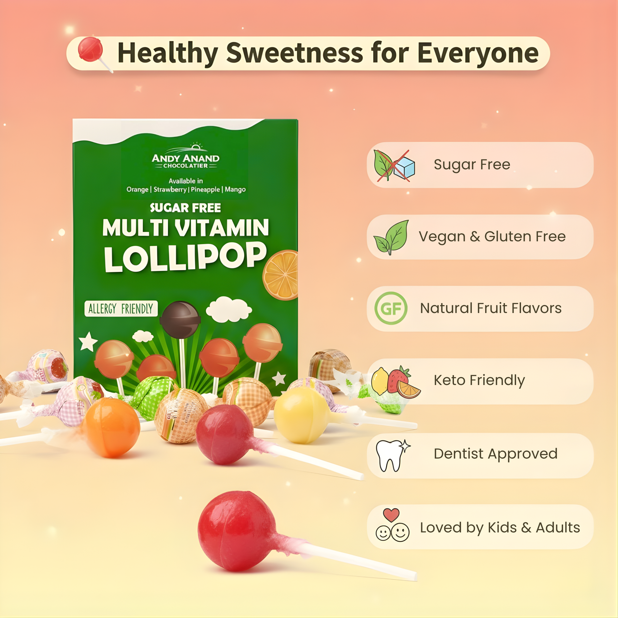 Andyanand Food & Beverages > Confectionery > Candy > Sugar-Free Andy Anand Sugar-Free Lollipops, 29 ct, 8.8 oz – Natural Fruit Flavors, Keto, Vegan, Gluten-Free & Dye-Free, Birthday & Holiday Gift Box Sugar-Free Lollipops 29 ct | Vegan & Keto, Nationwide