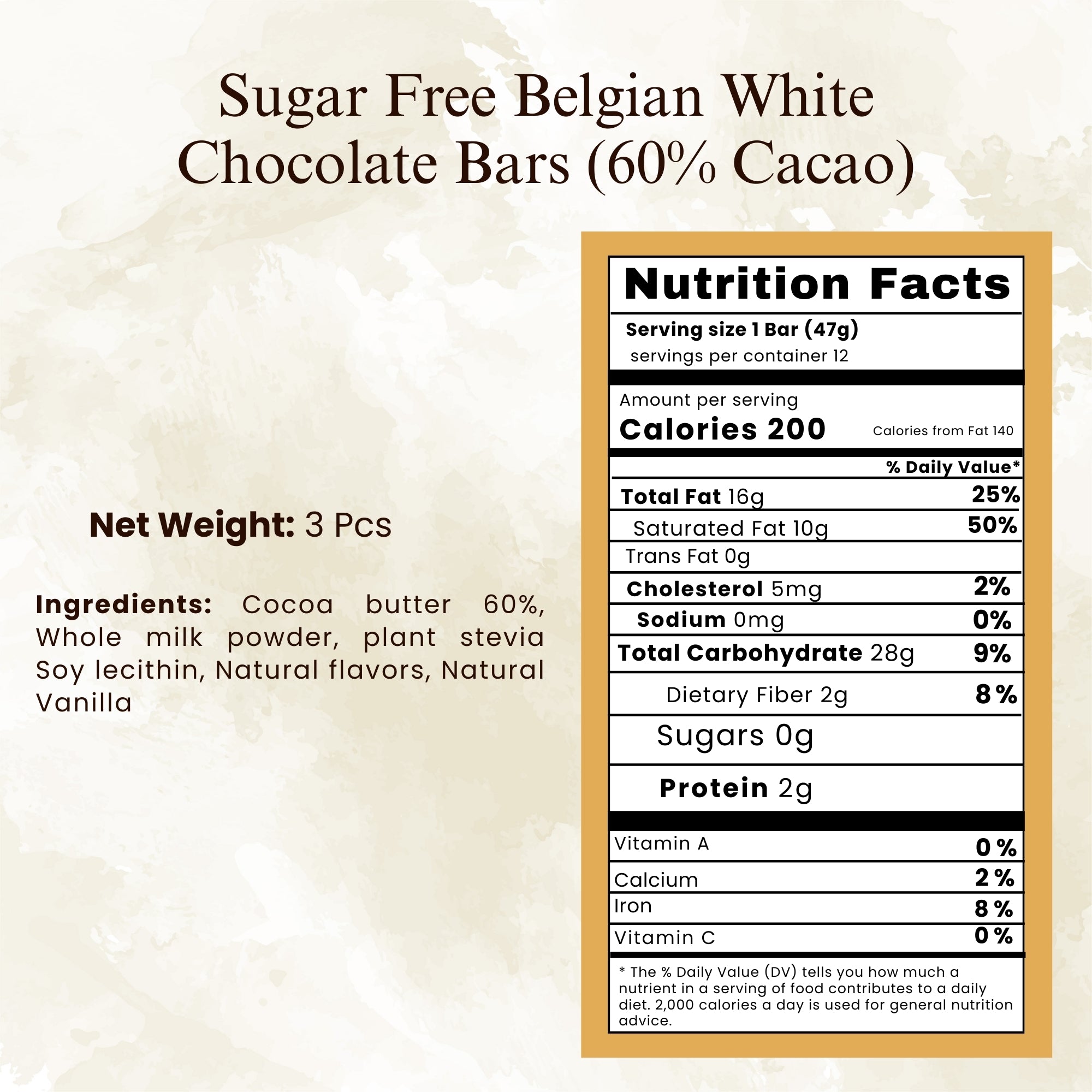 Andy Anand Sugar Free Belgian White Chocolate Bars (60% Cacao) – Stevia Sweetened, Gluten Free Gourmet White Chocolate, Silky Rich Indulgence, Gift Box, 3 Bars
