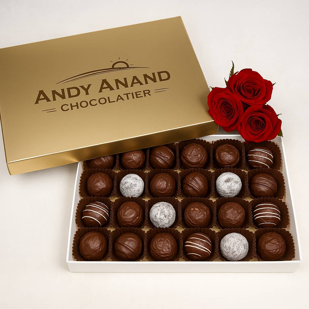 Decadent 24-piece Belgian chocolate truffles by Andy Anand, rum, Irish cream & Kahlua, perfect gift box for gifting.
