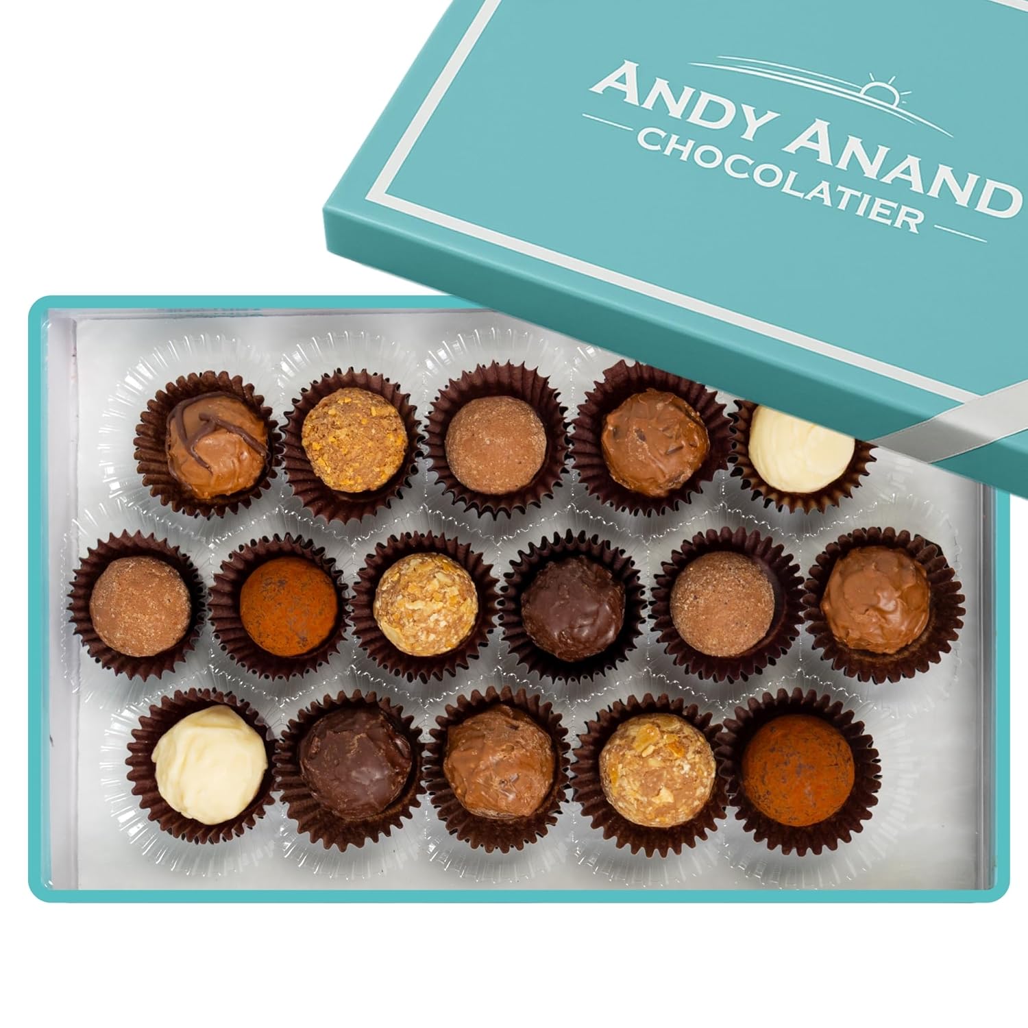 Andy Anand Chocolates Food & Beverages > Desserts & Sweets > Chocolate Andy Anand Assorted Belgian Chocolate Truffles Gift Box, 16 pc – Handmade Creamy Filled Gourmet Chocolates, Birthday & Holiday Gift Box Belgian Chocolate Truffles 16 pc | Connoisseur