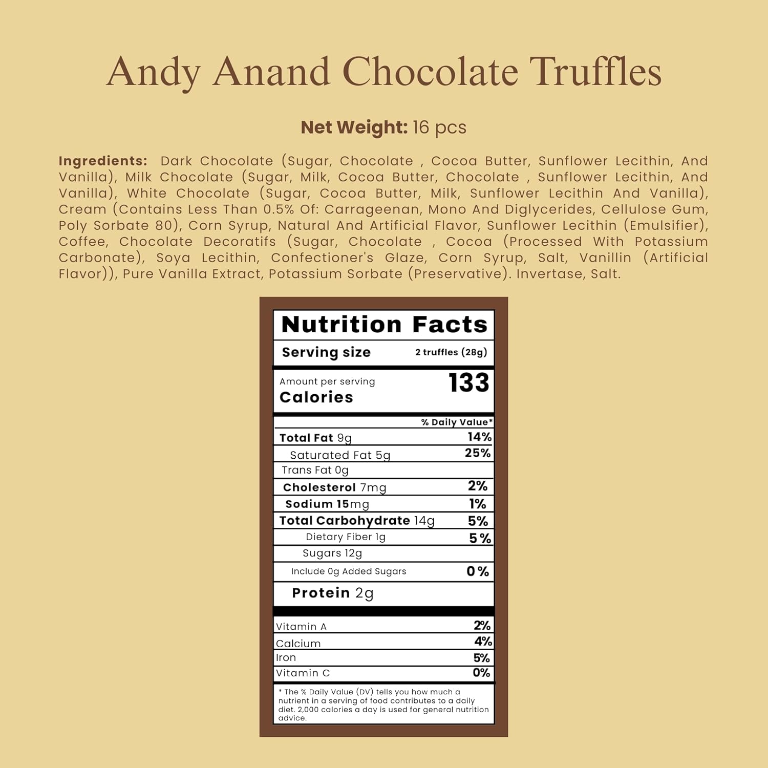 Andy Anand Chocolates Food & Beverages > Desserts & Sweets > Chocolate Andy Anand Assorted Belgian Chocolate Truffles Gift Box, 16 pc – Handmade Creamy Filled Gourmet Chocolates, Birthday & Holiday Gift Box Belgian Chocolate Truffles 16 pc | Connoisseur