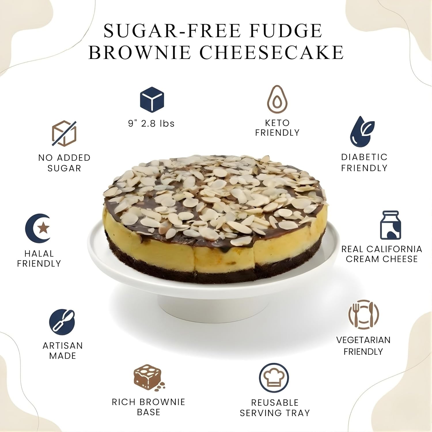 Andyanand Food & Beverages > Desserts & Sweets > Bakery > Cheesecake Andy Anand Fudge Brownie Cheesecake, 9-Inch, 2.8 lb – Halal, Real California Cream Cheese, No Preservatives, Birthday & Holiday Gift Box Fudge Brownie Cheesecake | Halal, Ships Nationwide