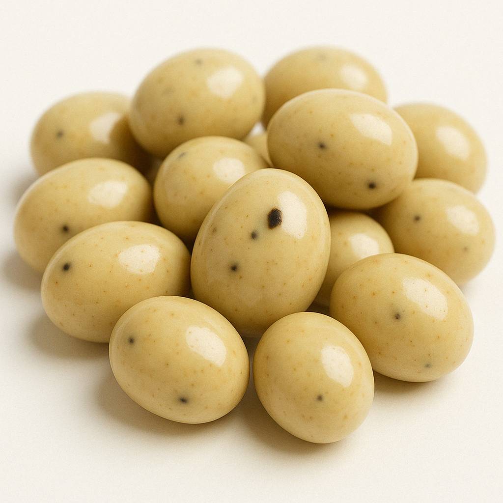 Andy Anand Espresso Coffee & Crème Chocolate beans coated in creamy couverture with ground coffee specks, perfect gift for chocolate lovers