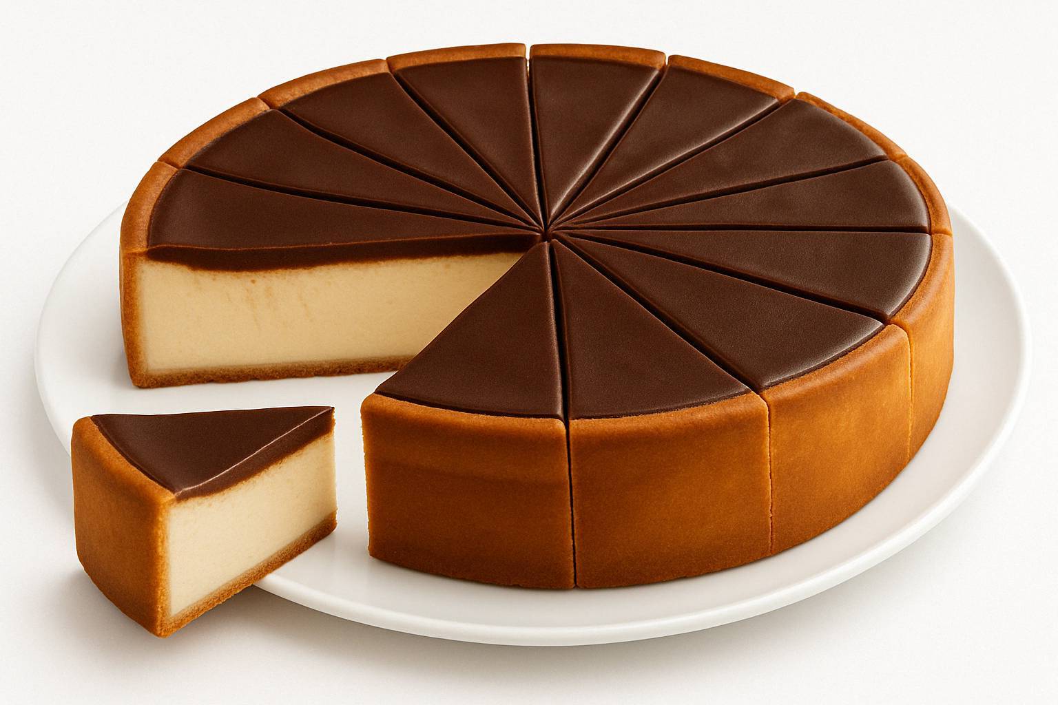 Sugar free chocolate fudge cheesecake sliced on white plate, creamy and rich dessert.