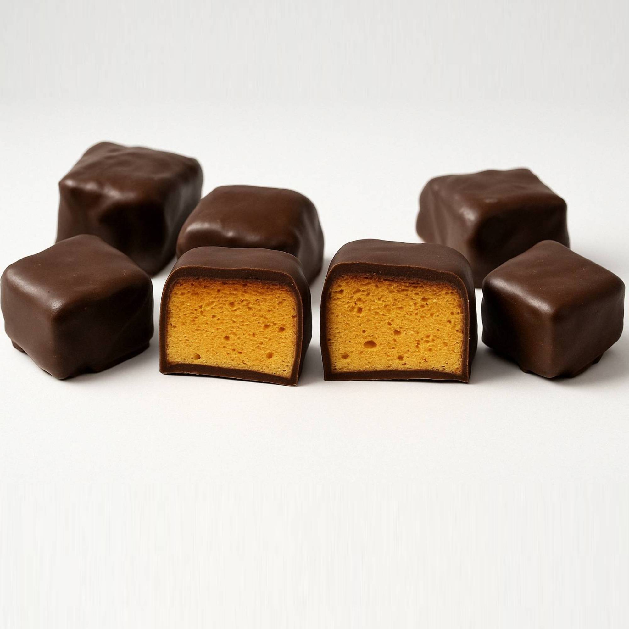 Andy Anand Honeycomb Dark Chocolate pieces with a rich dark chocolate coating and crisp honeycomb interior, arranged on a white background.