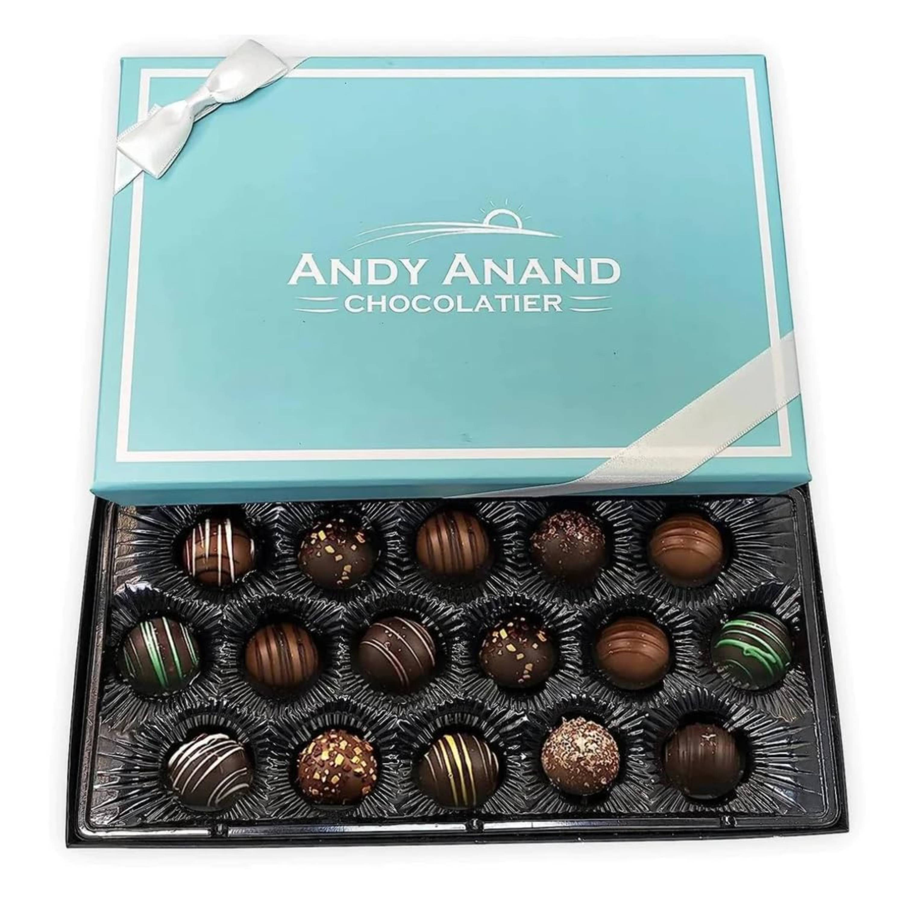 Handmade dark chocolate truffles by Andy Anand, 24 pcs, assorted flavors, beautifully gift boxed.