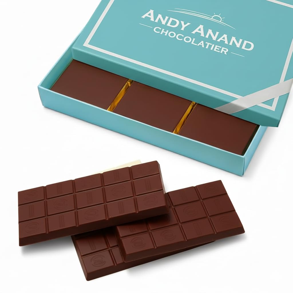 Andy Anand 3 pcs sugar-free Belgian dark chocolate bars, 60% cacao, stevia-sweetened gourmet indulgence.