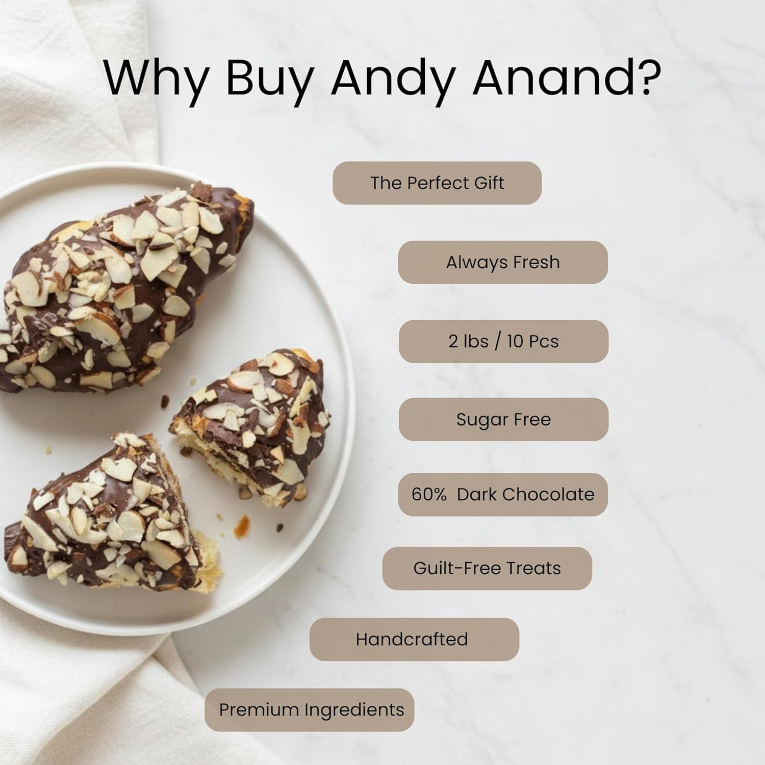Andy Anand Chocolates Food & Beverages > Desserts & Sweets > Cakes > Sugar-Free Cakes Andy Anand Sugar-Free Dark Chocolate Almond Croissant Cake, 10 pc, 2 lb – Keto & Diabetic-Friendly, Hand-Rolled, Birthday & Holiday Gift Sugar-Free Dark Chocolate Almond Croissant Cake | Keto