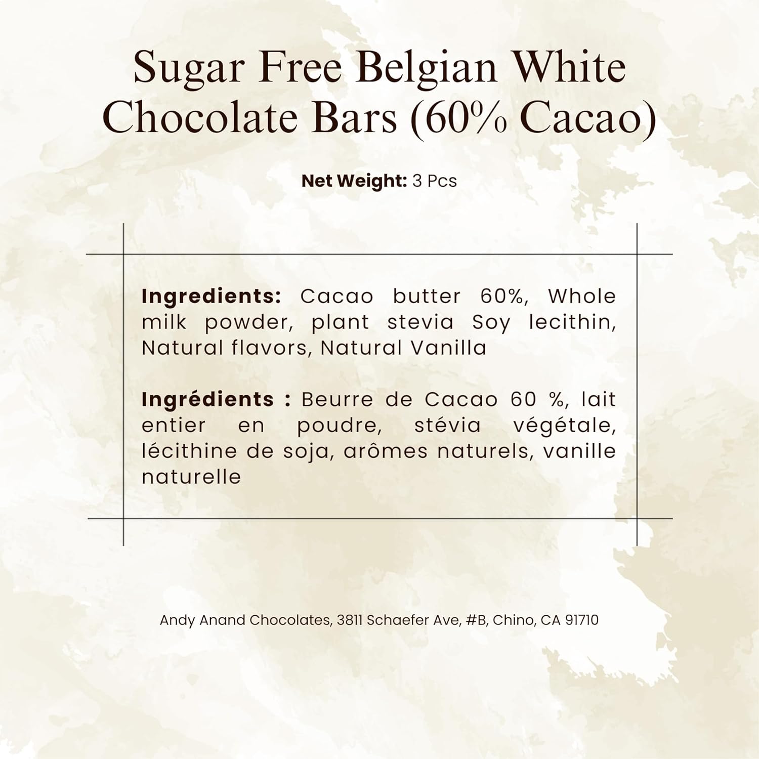 Andy Anand sugar-free dark chocolate bars, 60% cacao butter, stevia sweetened, natural vanilla & milk powder3 pcs.