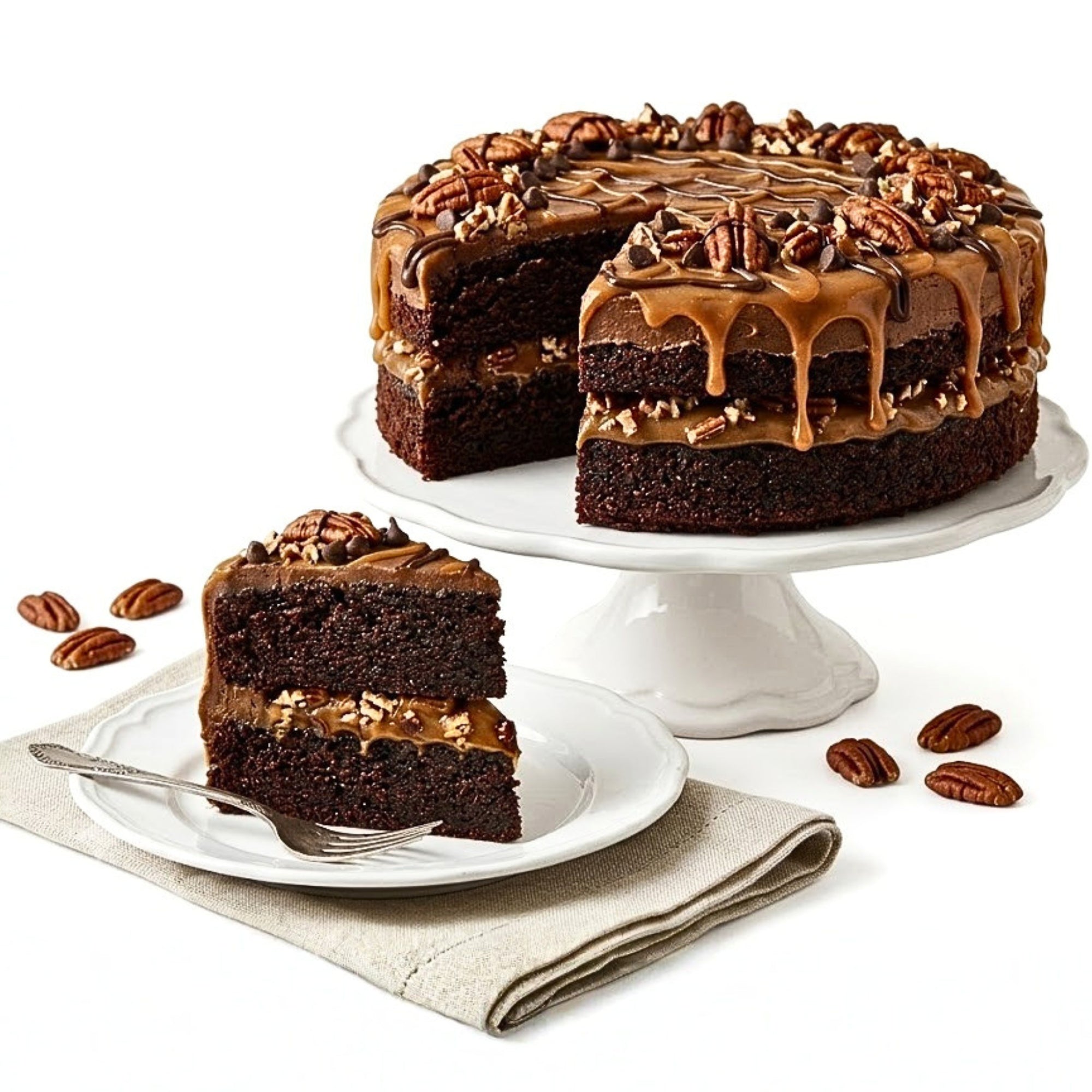 Andy Anand SUGAR-FREE TURTLE PECAN CAKE RICH CHOCOLATE, DECADENT CARAMEL & TOASTED PECANS, ZERO ADDED SUGAR, 2.8 LBS: Layers of moist dark chocolate cake, buttery caramel filling, and premium roasted pecans.