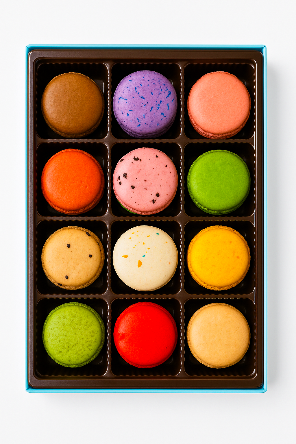 Box of 12 colorful French macarons with assorted flavors and natural ingredients