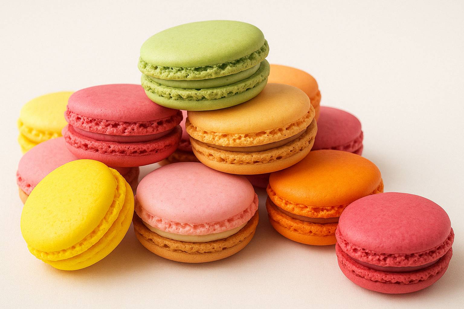 Colorful assortment of 12 fresh, gluten-free French macarons in vibrant almond, chocolate, pistachio flavors, gift boxed and made with natural ingredients.