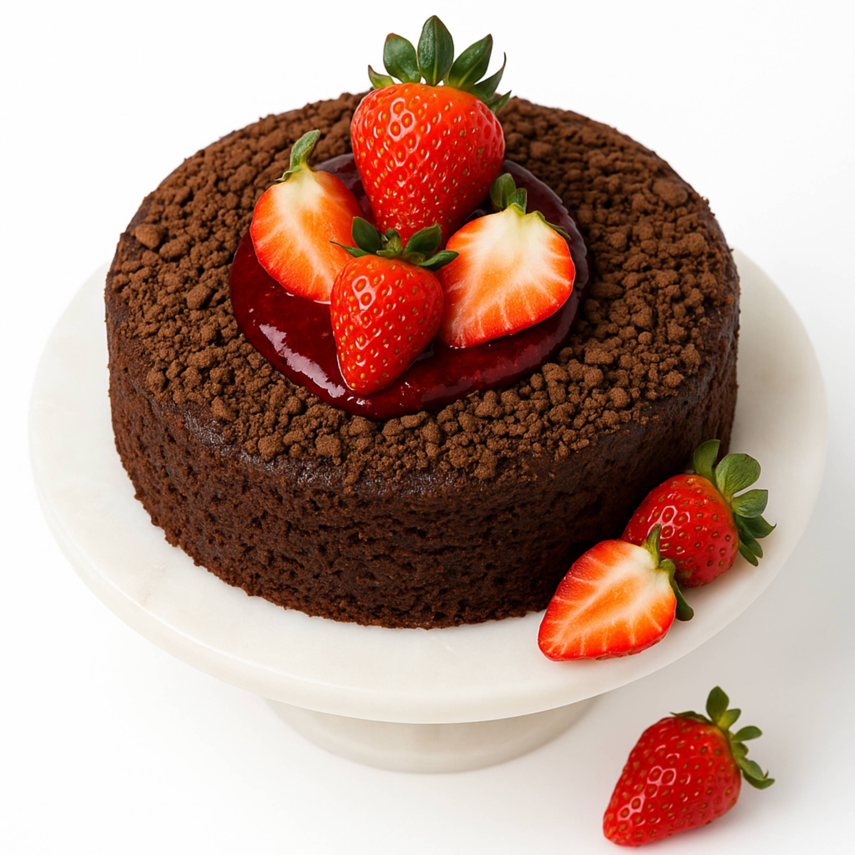 Chocolate Strawberry Cake Gluten free chocolate strawberry cake topped with fresh strawberries on a white cake stand