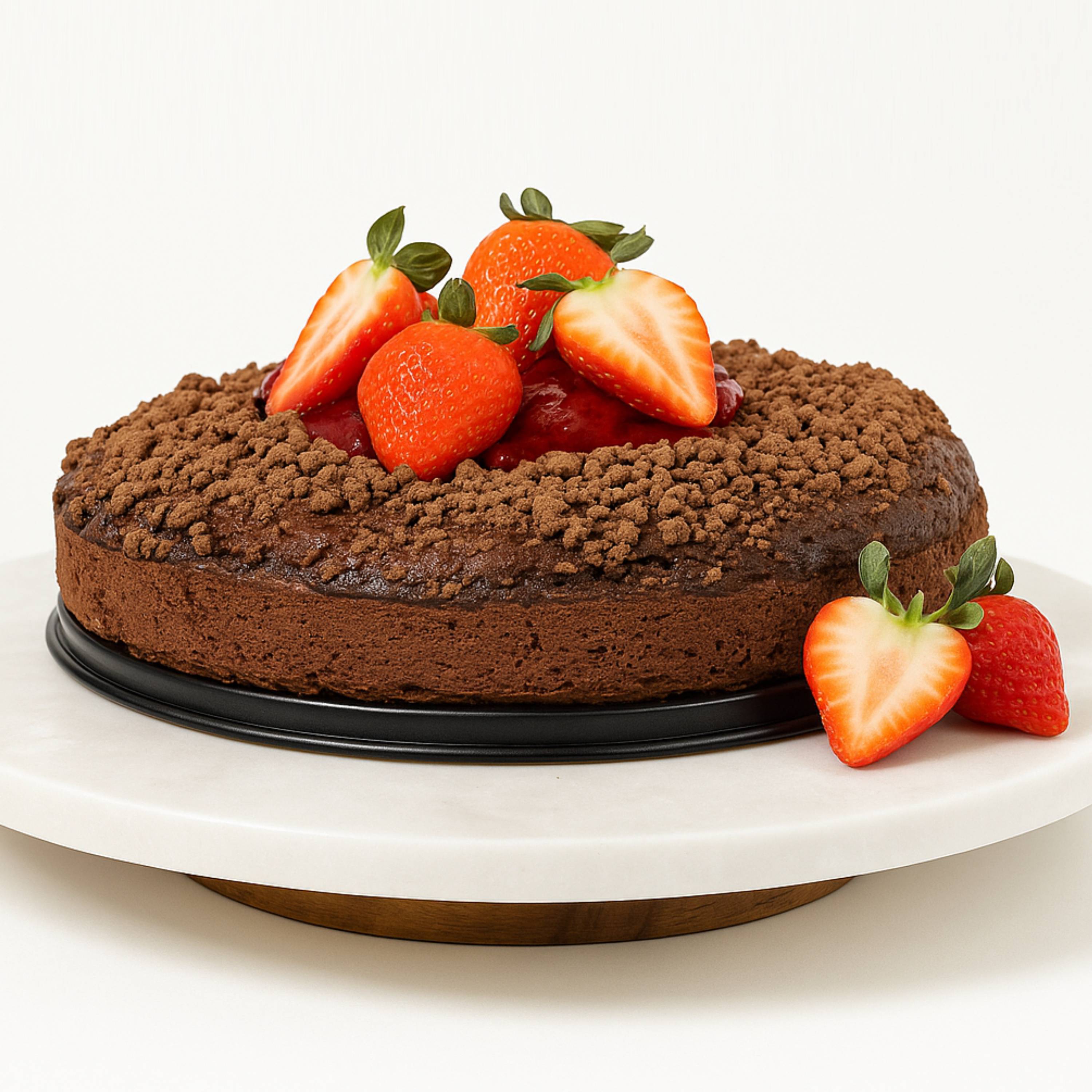 Chocolate Strawberry Cake Gluten Free Chocolate Strawberry Cake topped with fresh strawberries on a white marble and wooden cake stand