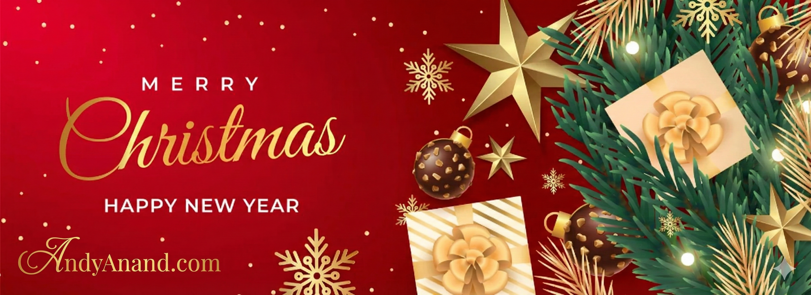 Christmas-themed banner with gold text, decorations, & a red background. Merry Christmas & Happy New Year from Andyanand.com