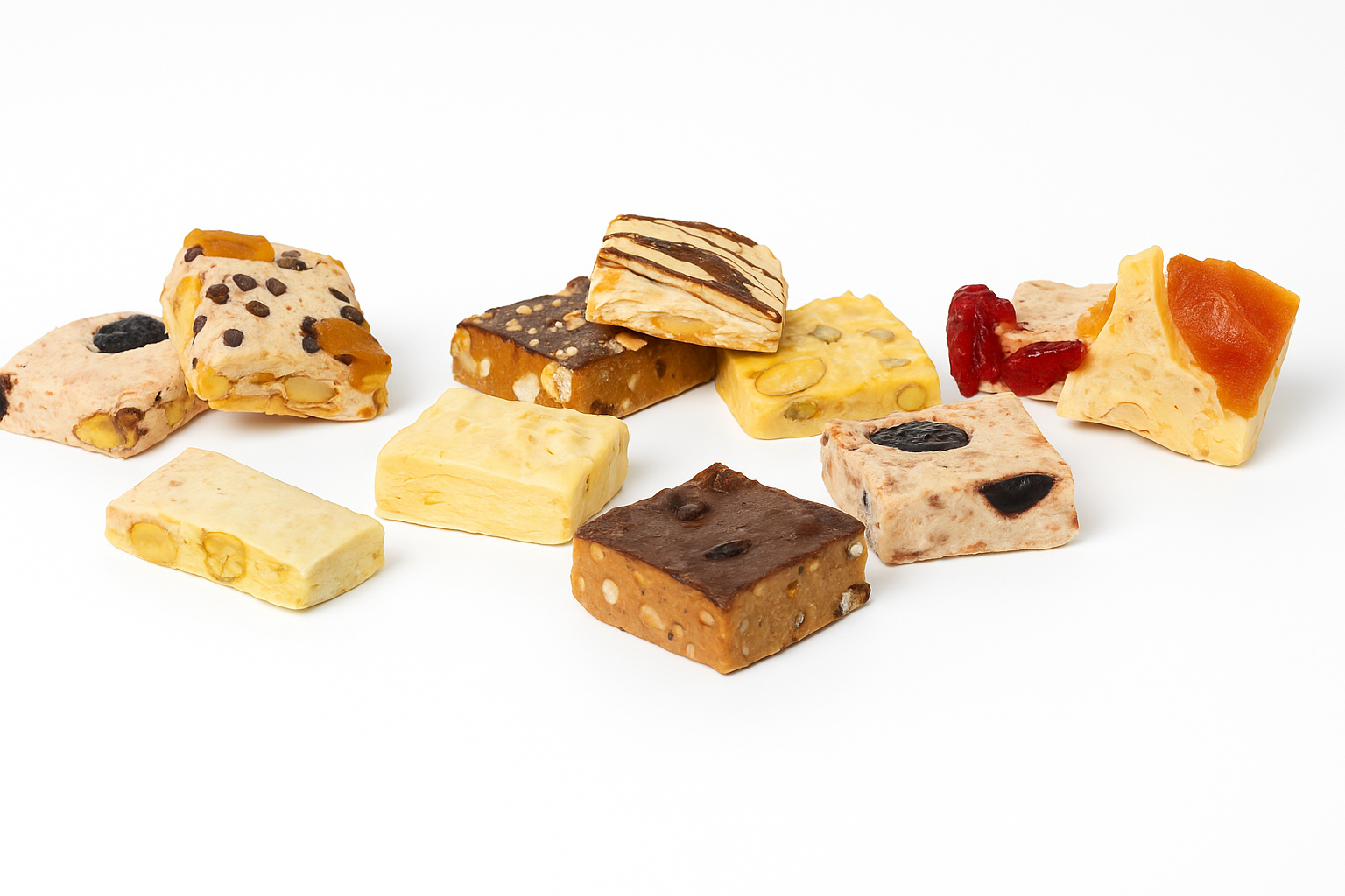 Luxury Italian nougat brittle 22 pieces with almond, pistachio, cherry, and citrus, beautifully arranged.