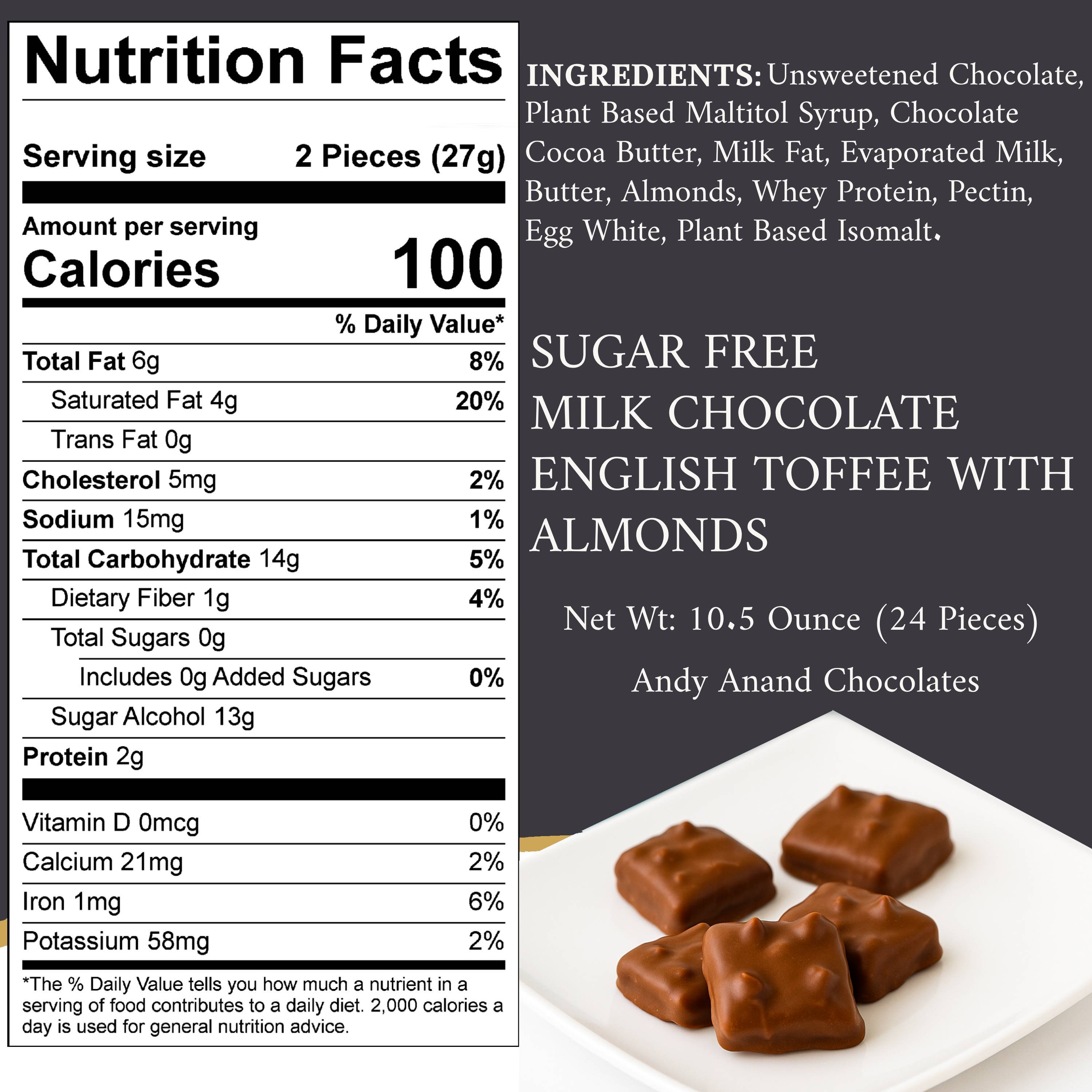 Andy Anand Sugar Free Milk Chocolate toffee with Almonds, Amazingly Delicious, Divine, Delectable 24 pcs, Old Fashioned English Toffee it is sugar free (10.5 oz)