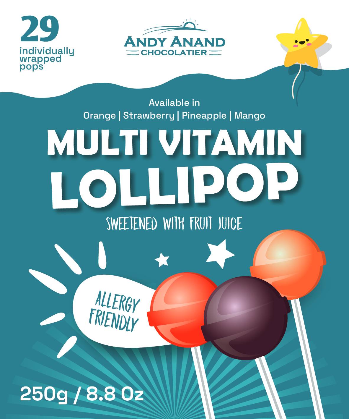 Andy Anand Chocolates Food & Beverages > Desserts & Sweets > Sugar Free Candy Andy Anand Sugar-Free Multivitamin Lollipops, 29 ct, 8.8 oz – Real Fruit Juice, Keto, Kids Multivitamin Support, Birthday & Holiday Gift Sugar-Free Multivitamin Lollipops | Kids, Nationwide
