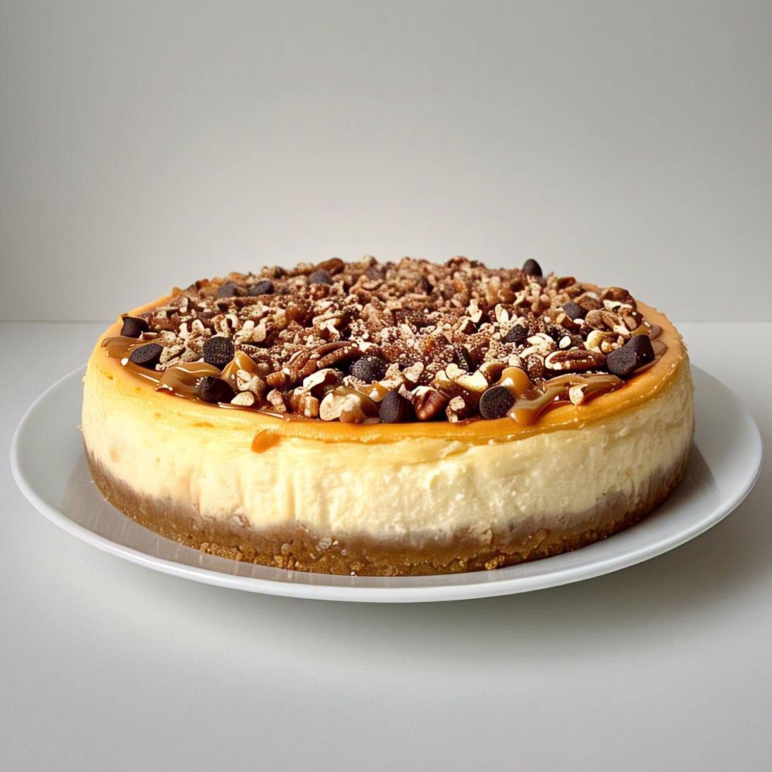 Sugar-Free Turtle Cheesecake Andy Anand, Freshly Baked, chocolate chips & nuts on white plate, Handmade & Natural Ingredients